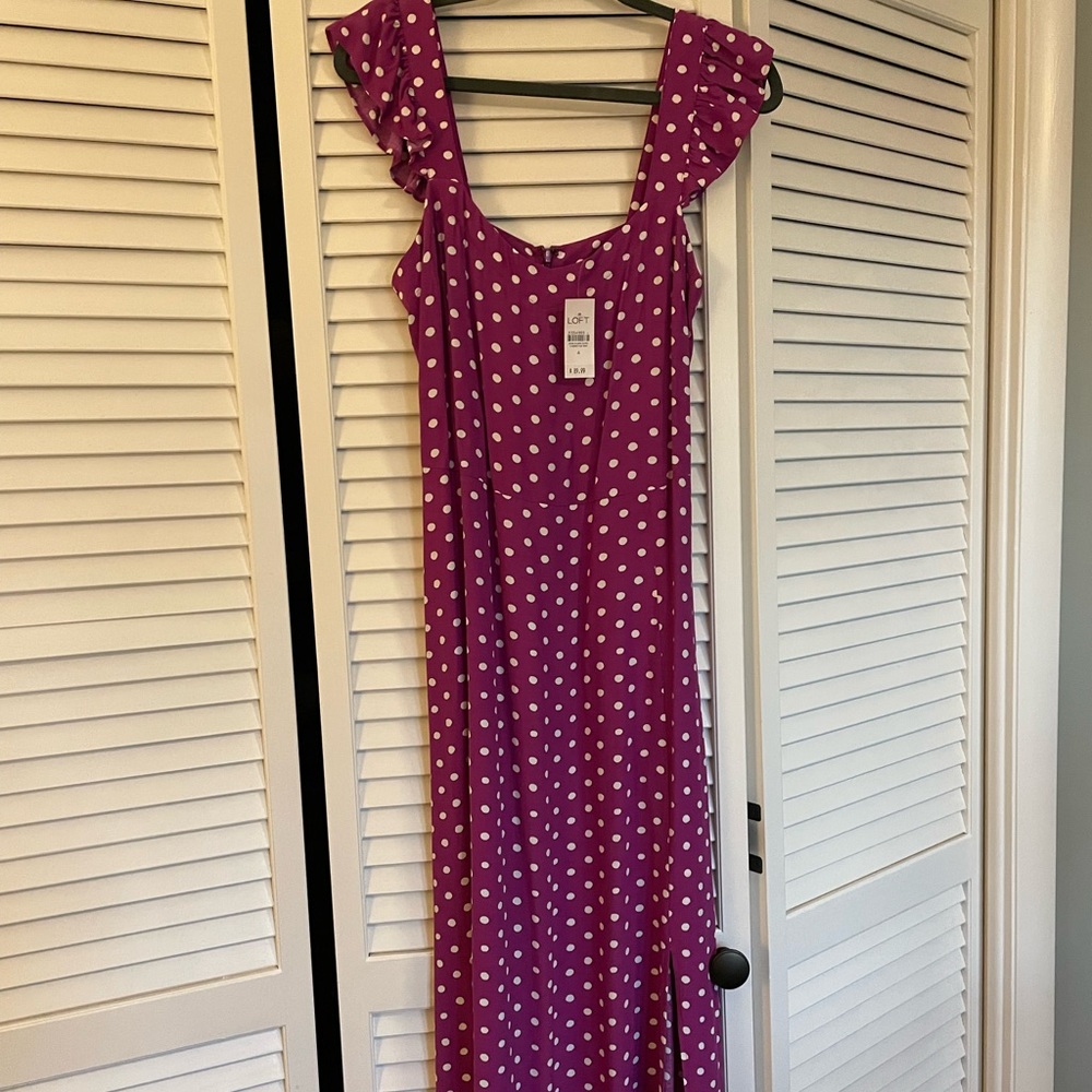 COPY - LOFT purple polka dot midi dress, NWT!